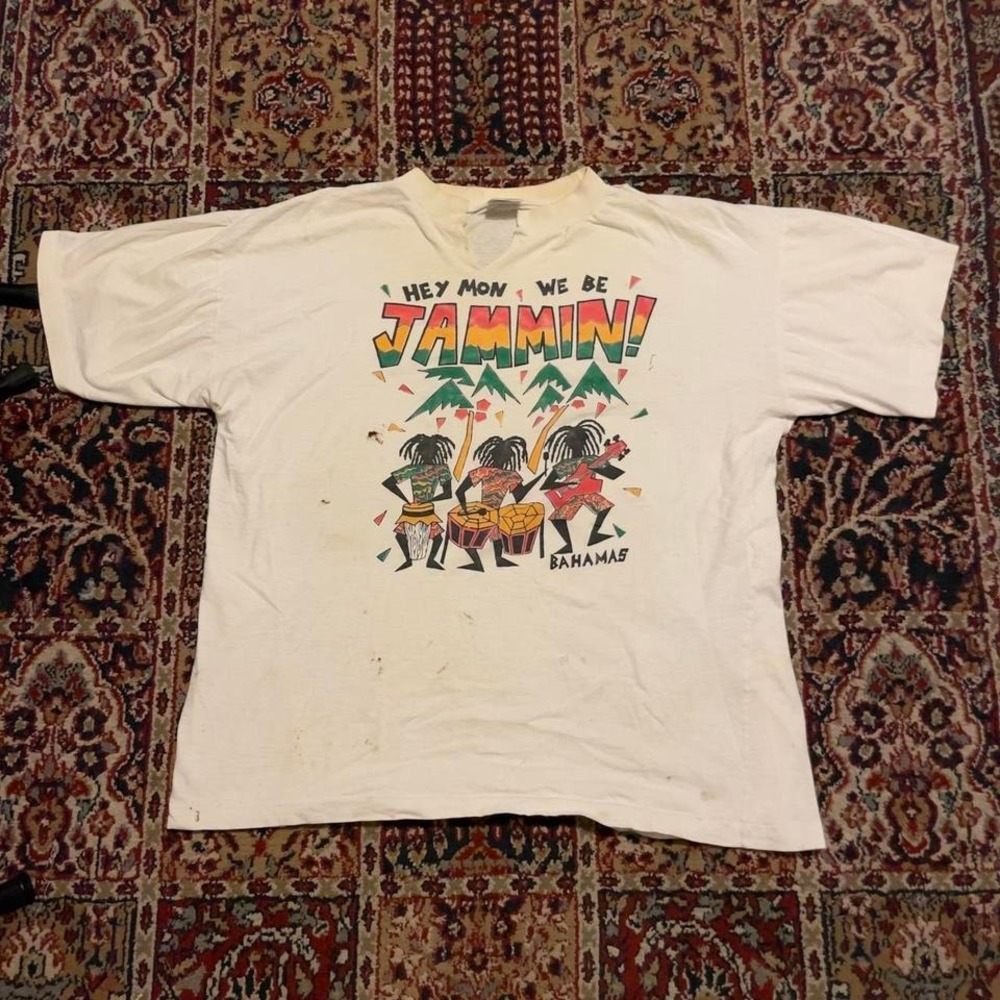 VTG 70s 80s Hey Mon We Be Jammin Bahamas tshirt‎ XL thrashed distresed white
